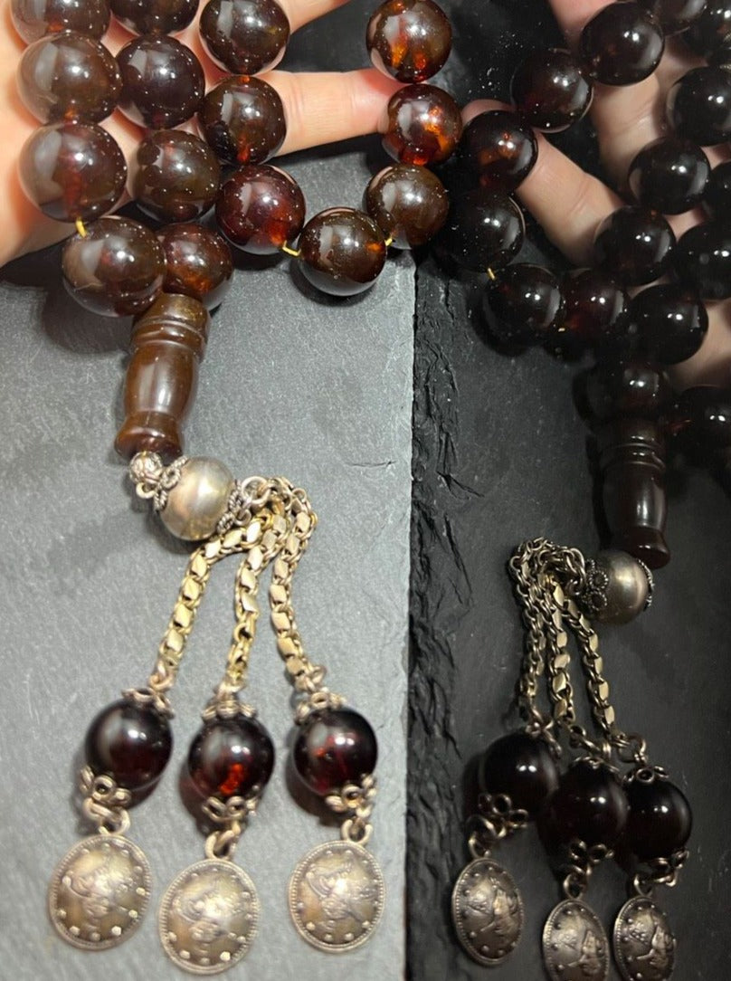 Alte Riesige Rote Bernstein-Gebetskette 19Mm Prayer Beads Amber Kehribar, Bernstein Tasbih, Islamisches, 925er silbere quaste