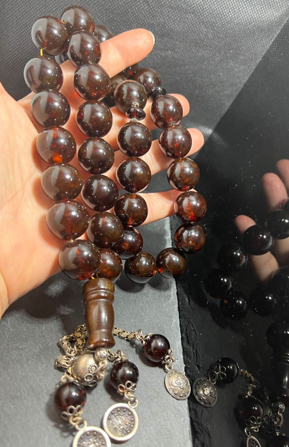 Alte Riesige Rote Bernstein-Gebetskette 19Mm Prayer Beads Amber Kehribar, Bernstein Tasbih, Islamisches, 925er silbere quaste