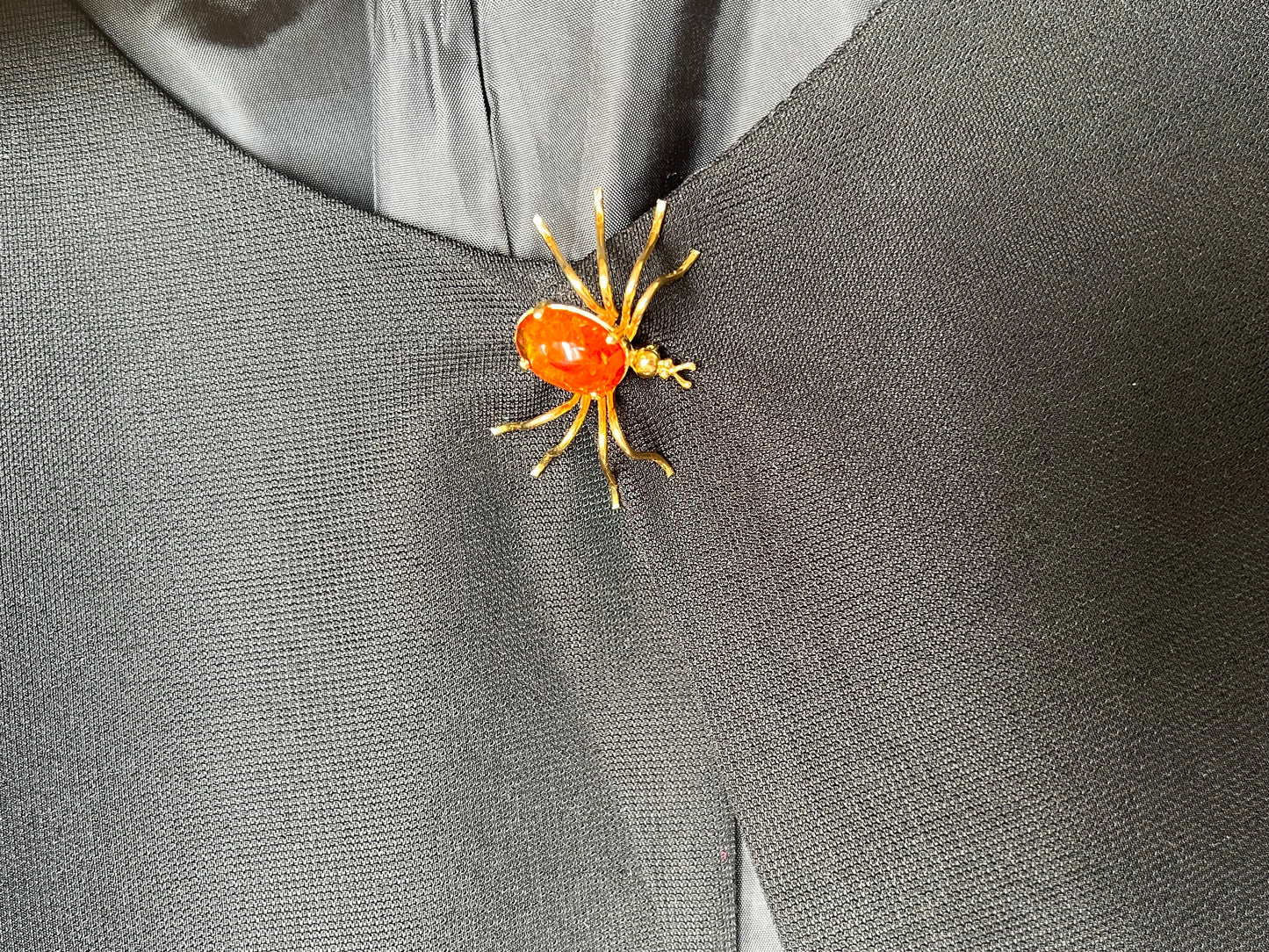 Vintage Spinnen-Brosche mit Bernstein aus den 1990er Jahren vereint Naturinspiration mit einem Hauch von Gothic-Ästhetik