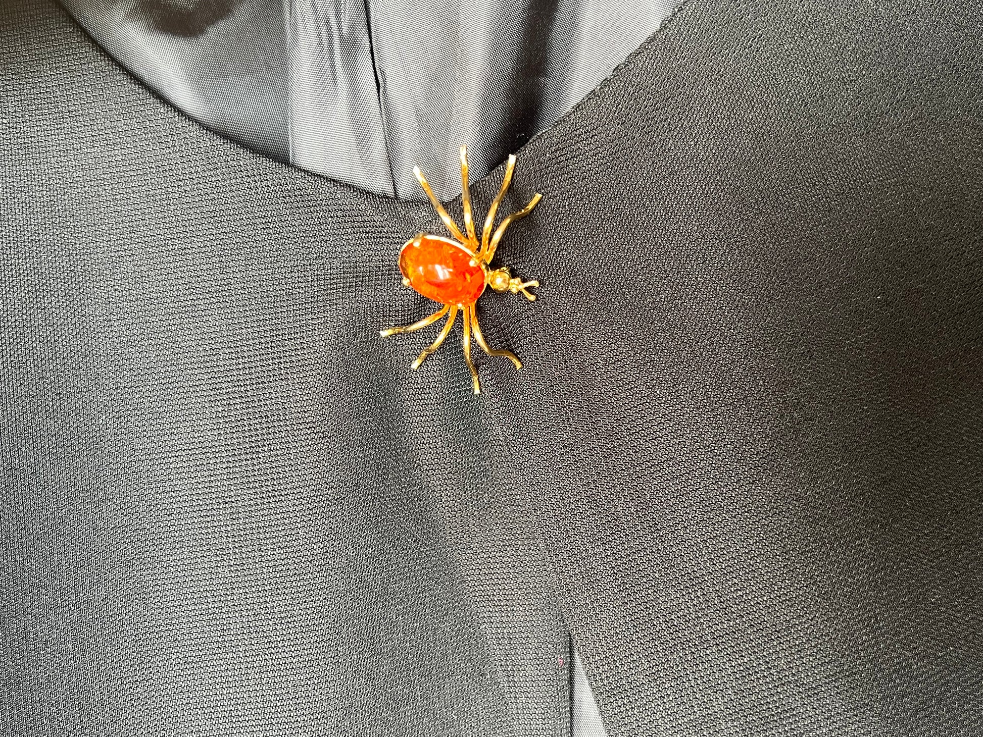 Vintage Spinnen-Brosche mit Bernstein aus den 1990er Jahren vereint Naturinspiration mit einem Hauch von Gothic-Ästhetik