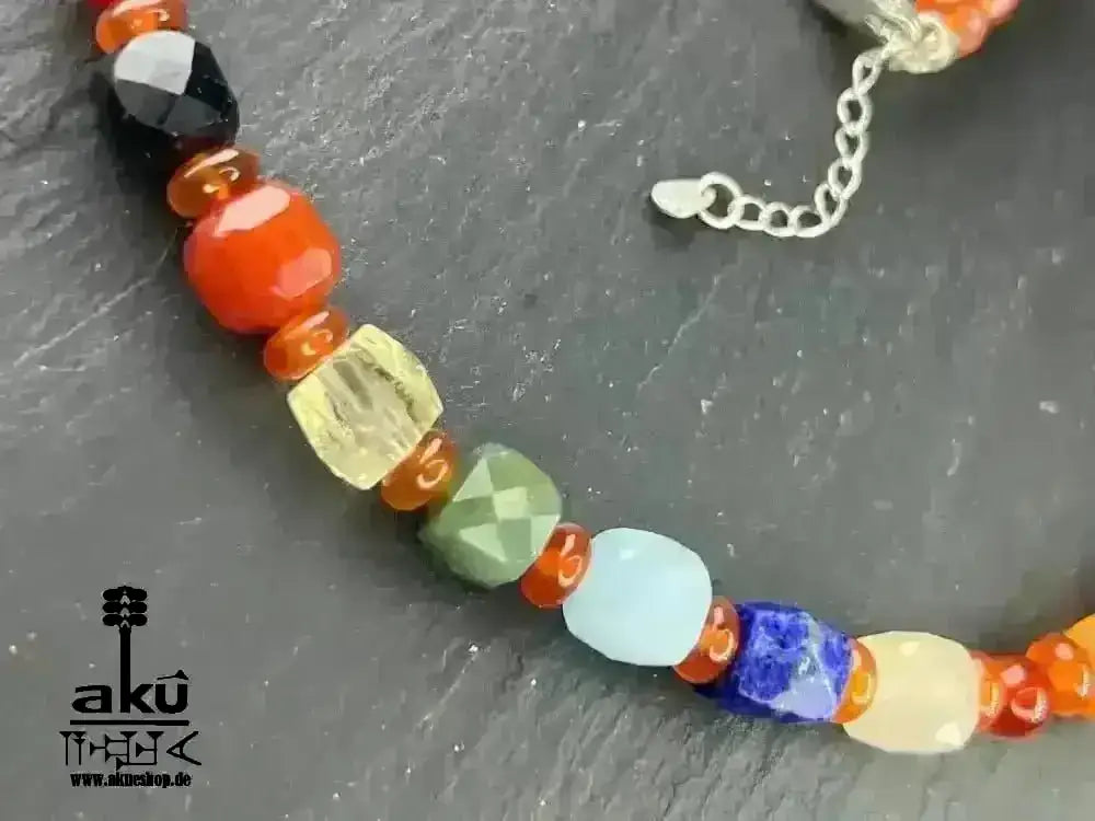 7Chakren Halskette Collier 925er Silber, natürliche Edelsteine, Karneol achat, chakrenenergie - AkueShop