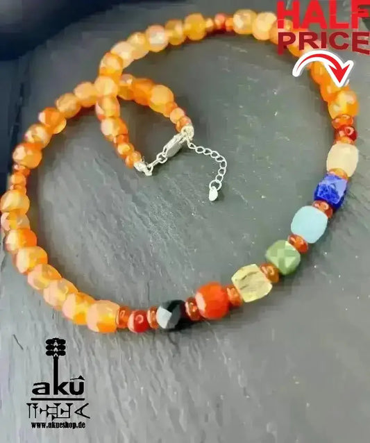 7Chakren Halskette Collier 925er Silber, natürliche Edelsteine, Karneol achat, chakrenenergie - AkueShop
