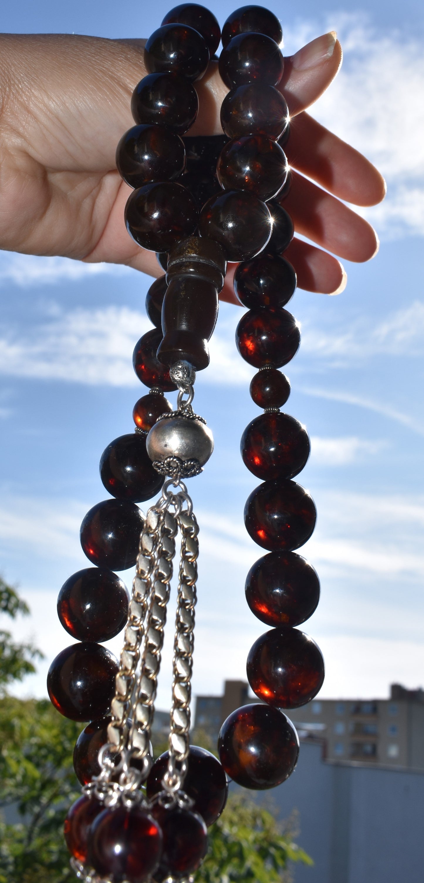 Alte Riesige Rote Bernstein-Gebetskette 19Mm Prayer Beads Amber Kehribar, Bernstein Tasbih, Islamisches, 925er silbere quaste