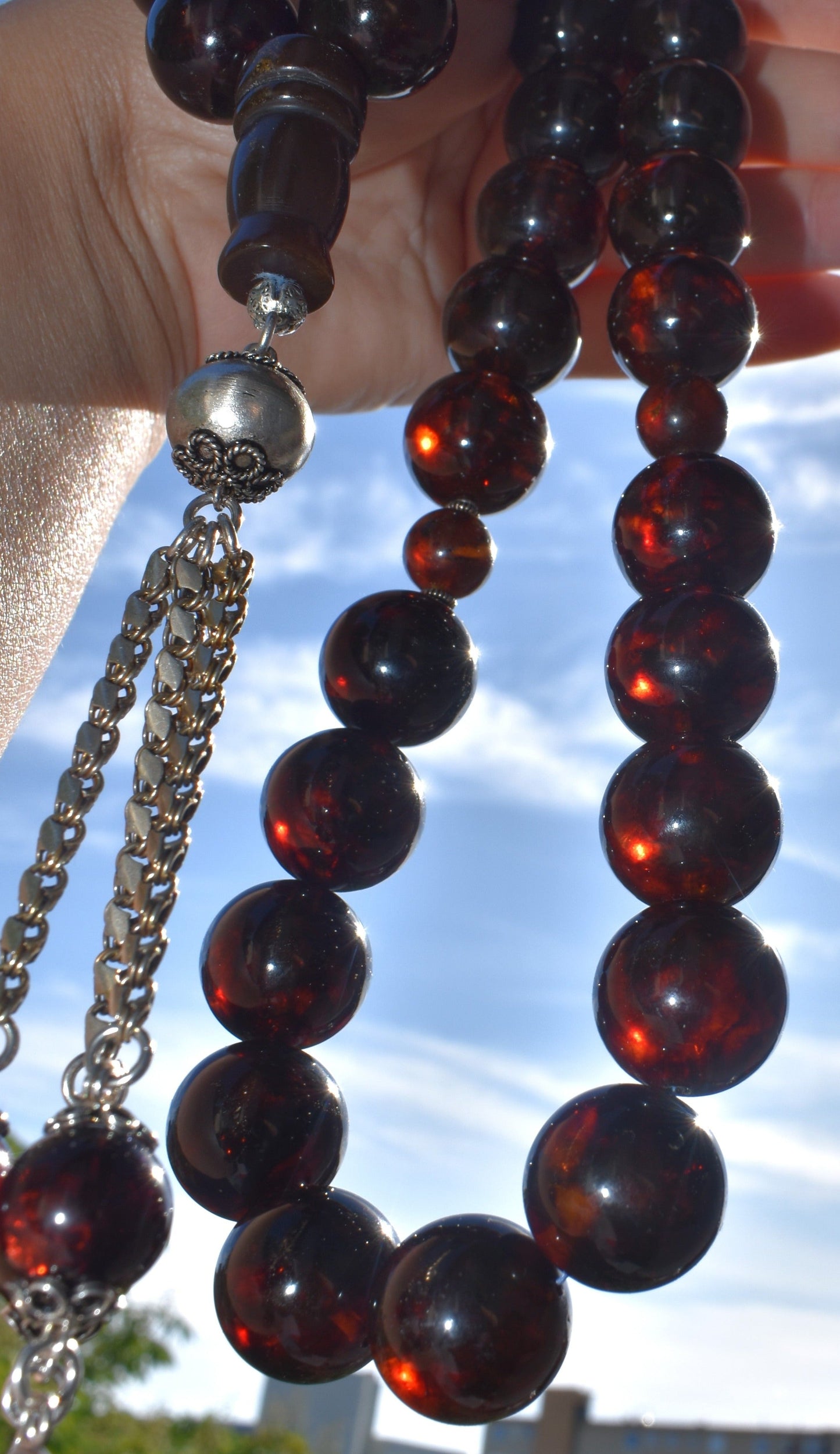 Alte Riesige Rote Bernstein-Gebetskette 19Mm Prayer Beads Amber Kehribar, Bernstein Tasbih, Islamisches, 925er silbere quaste