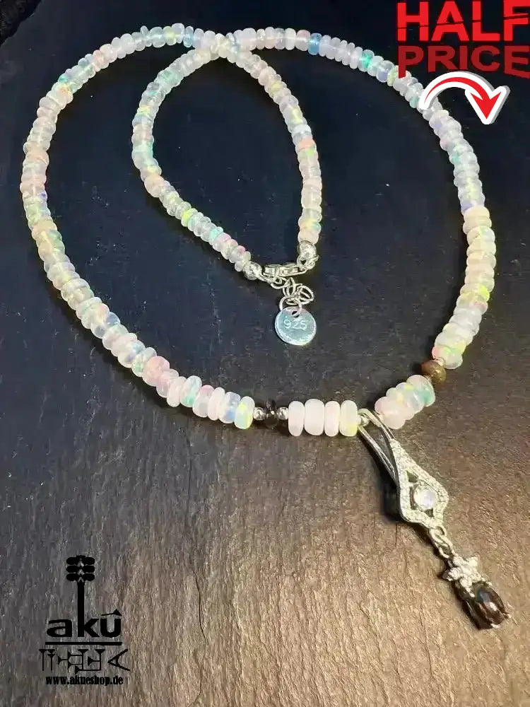 A+ Natürliche äthiopische Welo OPAL Halskette, weiße & schwarze Vollfeuer, 42.5ct, bis7,5mm - AkueShop