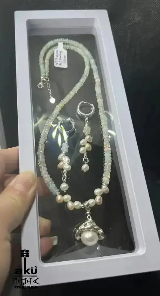 A+ Natürliche äthiopische Welo OPAL und Perlen Schmuckset Vollfeuer, 42.5ct, bis7,5mm, Halskette & Ohrringe, - AkueShop