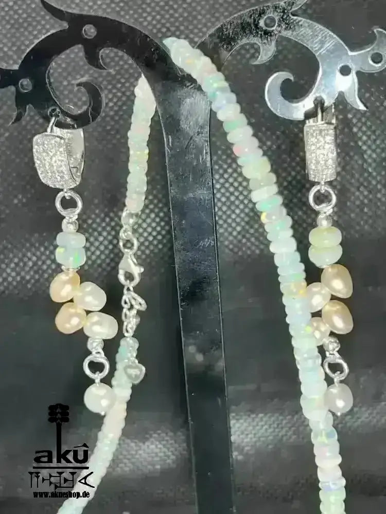 A+ Natürliche äthiopische Welo OPAL und Perlen Schmuckset Vollfeuer, 42.5ct, bis7,5mm, Halskette & Ohrringe, - AkueShop