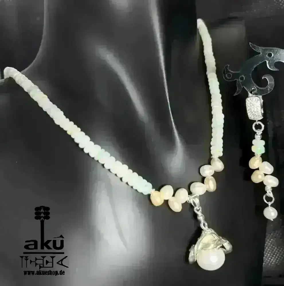A+ Natürliche äthiopische Welo OPAL und Perlen Schmuckset Vollfeuer, 42.5ct, bis7,5mm, Halskette & Ohrringe, - AkueShop