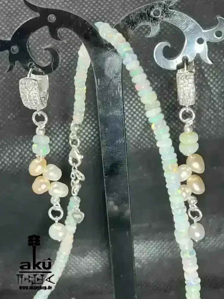 A+ Natürliche äthiopische Welo OPAL und Perlen Schmuckset Vollfeuer, 42.5ct, bis7,5mm, Halskette & Ohrringe, - AkueShop