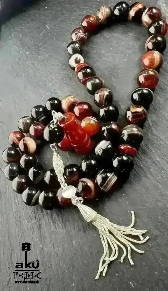 Achat Tesbih 45, 12mm, natürlicher roter Achat Edelstein, islamische Misbaha, Silbere Quaste - AkueShop