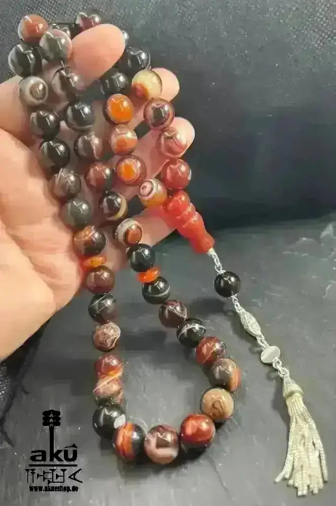 Achat Tesbih 45, 12mm, natürlicher roter Achat Edelstein, islamische Misbaha, Silbere Quaste - AkueShop