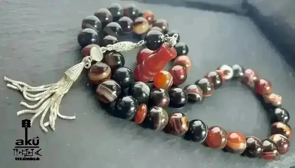 Achat Tesbih 45, 12mm, natürlicher roter Achat Edelstein, islamische Misbaha, Silbere Quaste - AkueShop