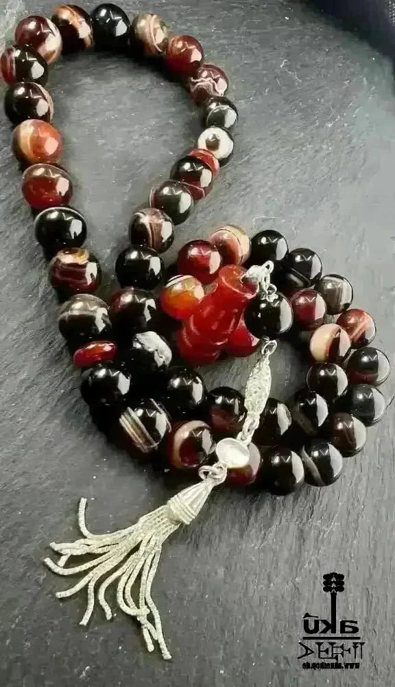 Achat Tesbih 45, 12mm, natürlicher roter Achat Edelstein, islamische Misbaha, Silbere Quaste - AkueShop