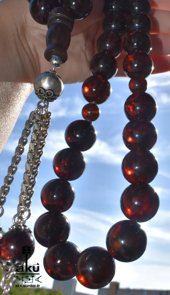 Alte Riesige Rote Bernstein-Gebetskette 19Mm Prayer Beads Amber Kehribar, Bernstein Tasbih, Islamisches, 925er silbere quaste