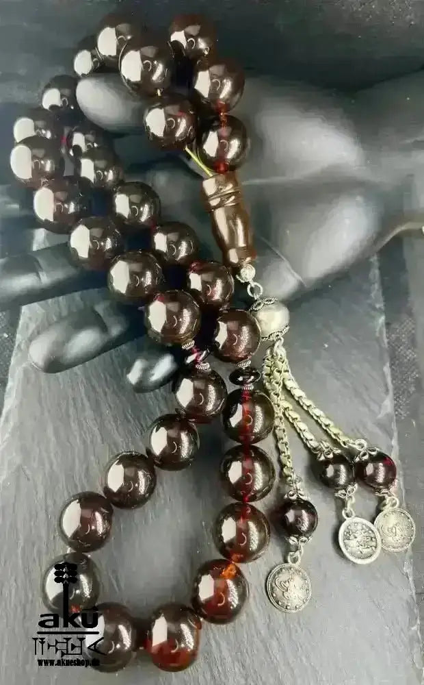 Alte Riesige Rote Bernstein-Gebetskette 19Mm Prayer Beads Amber Kehribar, Bernstein Tasbih, Islamisches, 925er silbere quaste