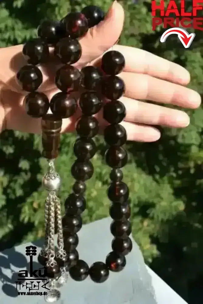 Alte Riesige Rote Bernstein-Gebetskette 19Mm Prayer Beads Amber Kehribar, Bernstein Tasbih, Islamisches, 925er silbere quaste