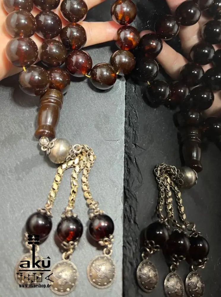 Alte Riesige Rote Bernstein-Gebetskette 19Mm Prayer Beads Amber Kehribar, Bernstein Tasbih, Islamisches, 925er silbere quaste