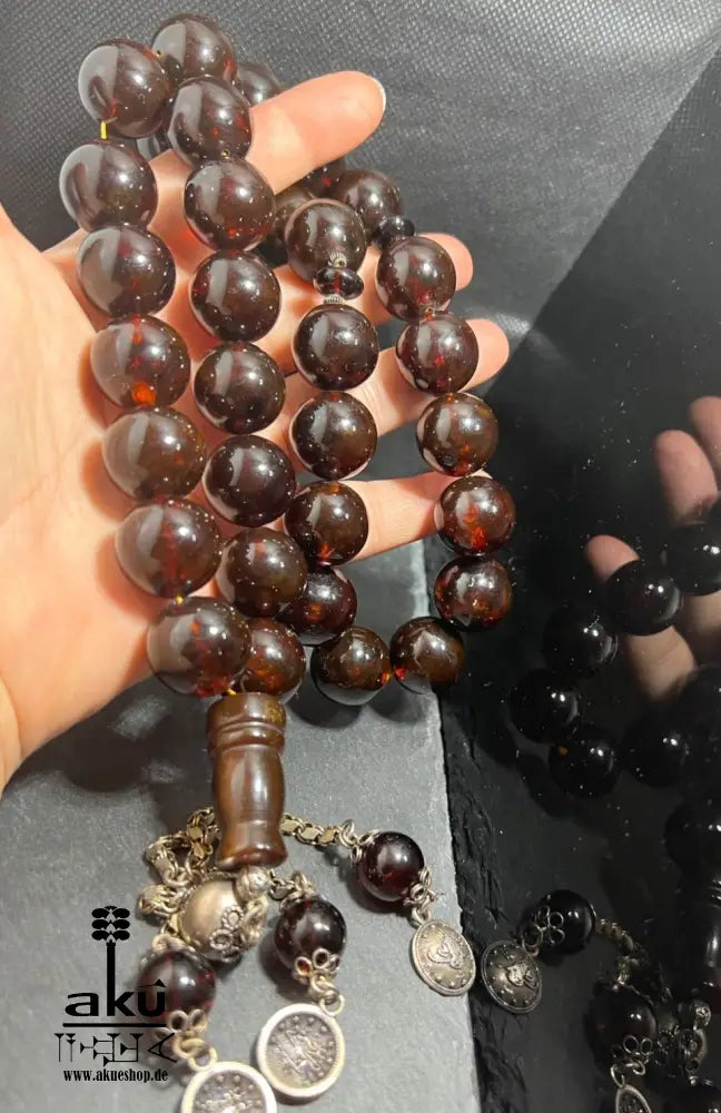 Alte Riesige Rote Bernstein-Gebetskette 19Mm Prayer Beads Amber Kehribar, Bernstein Tasbih, Islamisches, 925er silbere quaste
