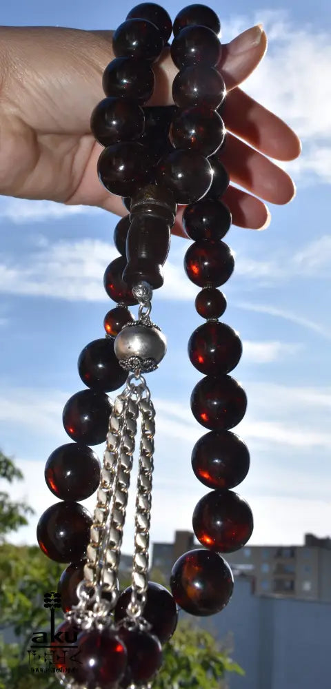 Alte Riesige Rote Bernstein-Gebetskette 19Mm Prayer Beads Amber Kehribar, Bernstein Tasbih, Islamisches, 925er silbere quaste