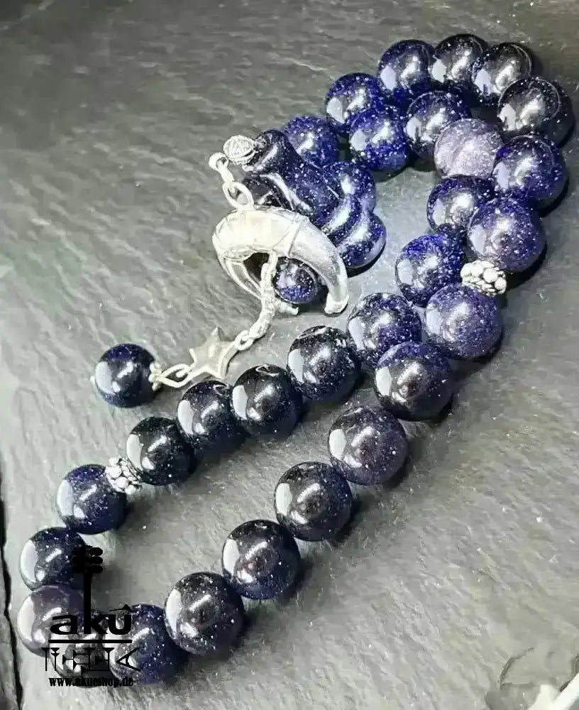 Blau Sandstein Tesbih 33, Islamisches Geschenk, 925er Silber Quaste - AkueShop