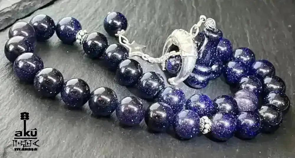Blau Sandstein Tesbih 33, Islamisches Geschenk, 925er Silber Quaste - AkueShop
