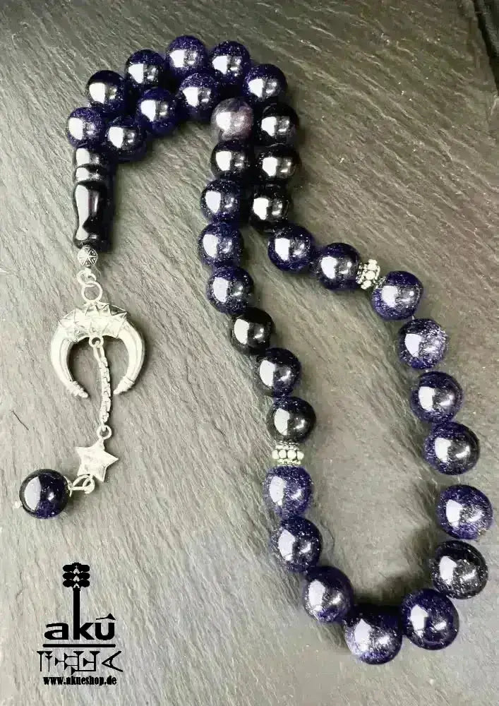 Blau Sandstein Tesbih 33, Islamisches Geschenk, 925er Silber Quaste - AkueShop