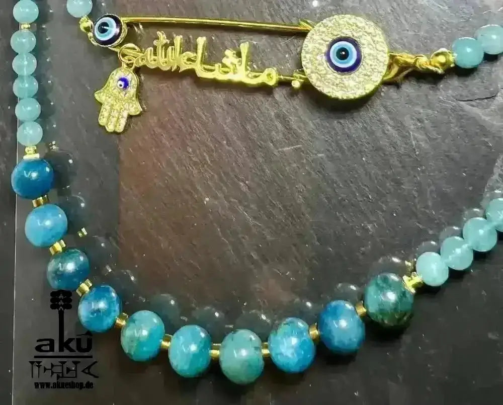 Blaue Apatit Mashallah Halskette, natürlicher Edelsteinschmuck, doppelsträngiges Halsband. - AkueShop