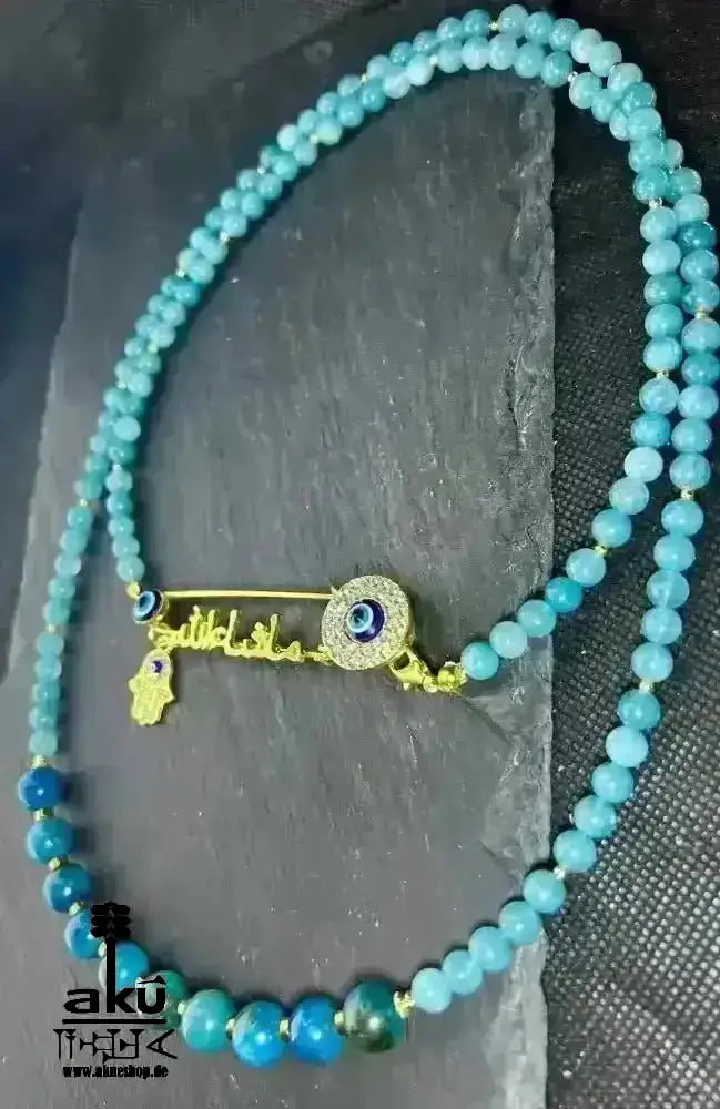 Blaue Apatit Mashallah Halskette, natürlicher Edelsteinschmuck, doppelsträngiges Halsband. - AkueShop