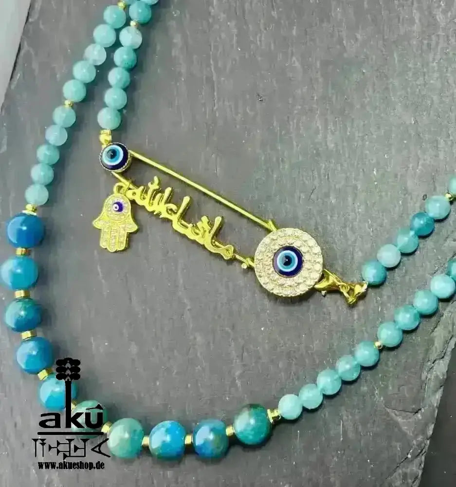 Blaue Apatit Mashallah Halskette, natürlicher Edelsteinschmuck, doppelsträngiges Halsband. - AkueShop
