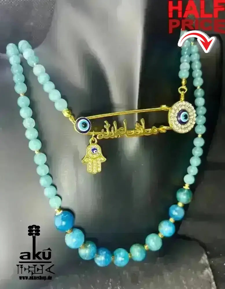 Blaue Apatit Mashallah Halskette, natürlicher Edelsteinschmuck, doppelsträngiges Halsband. - AkueShop