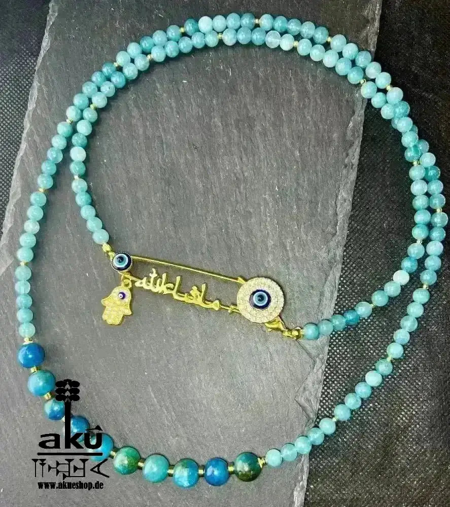 Blaue Apatit Mashallah Halskette, natürlicher Edelsteinschmuck, doppelsträngiges Halsband. - AkueShop