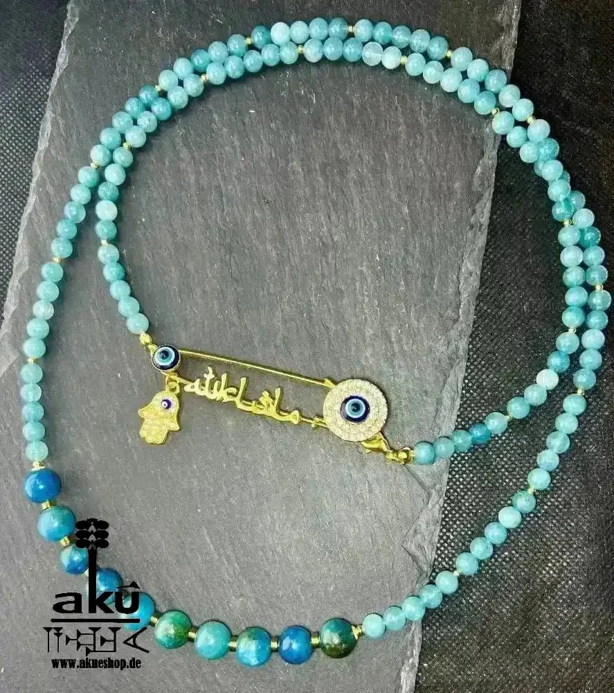 Blaue Apatit Mashallah Halskette, natürlicher Edelsteinschmuck, doppelsträngiges Halsband. - AkueShop
