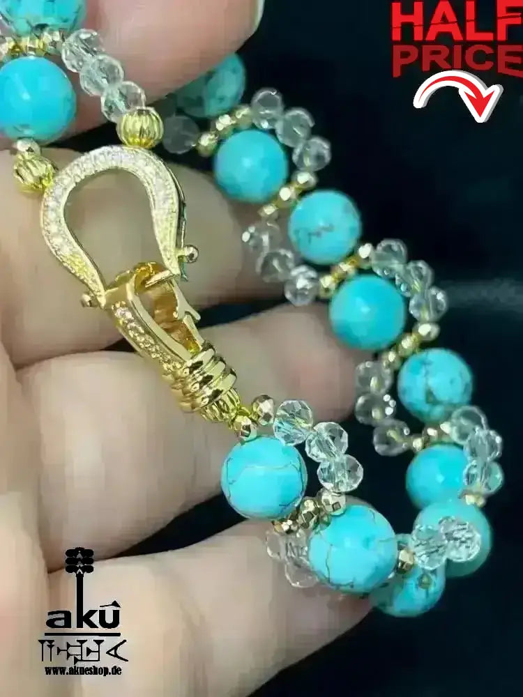 Blaues Howlith - Armband, natürlicher Asiatischer Türkis Stein, messingvergoldeter glänzender Verschluss - AkueShop