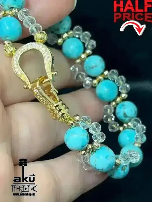 Blaues Howlith - Armband, natürlicher Asiatischer Türkis Stein, messingvergoldeter glänzender Verschluss - AkueShop