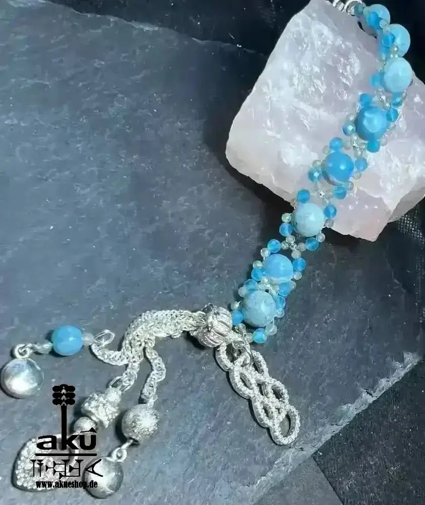 Blaues Larimar Armband natürlichen Edelsteinen, versilberte Quaste Geschenk - AkueShop