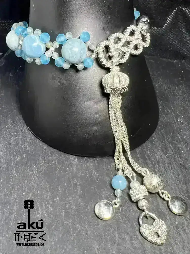 Blaues Larimar Armband natürlichen Edelsteinen, versilberte Quaste Geschenk - AkueShop