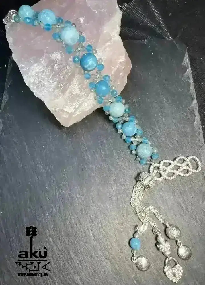 Blaues Larimar Armband natürlichen Edelsteinen, versilberte Quaste Geschenk - AkueShop
