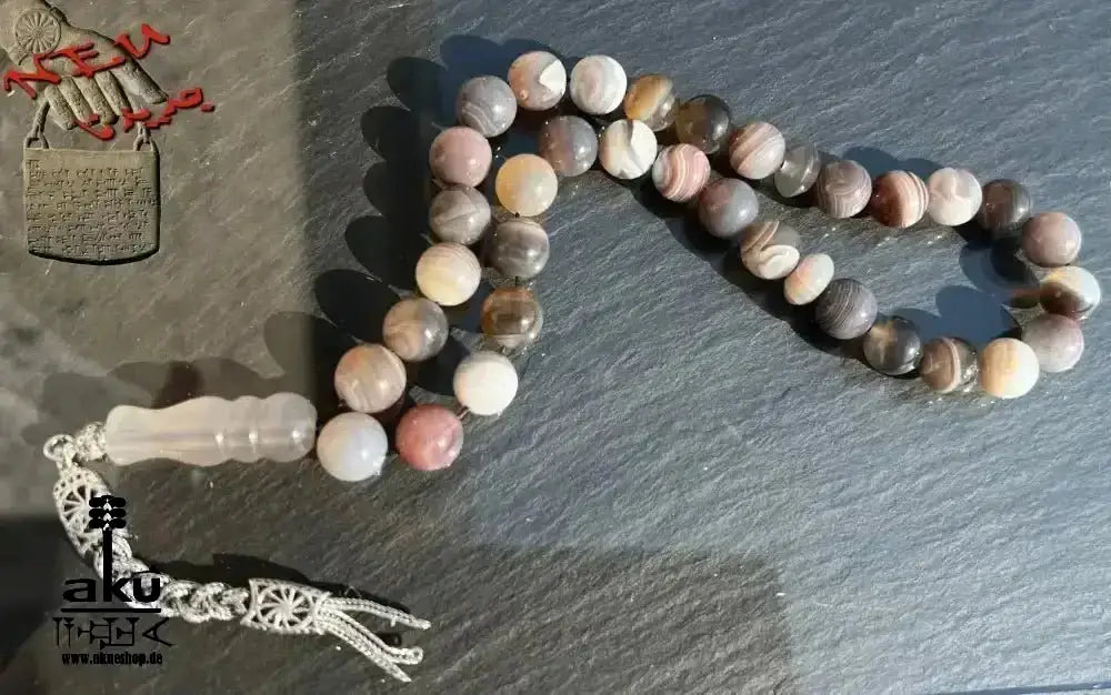 Botswana Achat Tesbih 33, 10mm, natürliches Edelstein, islamische Misbaha, 925 Sterling Silbere Quaste - AkueShop