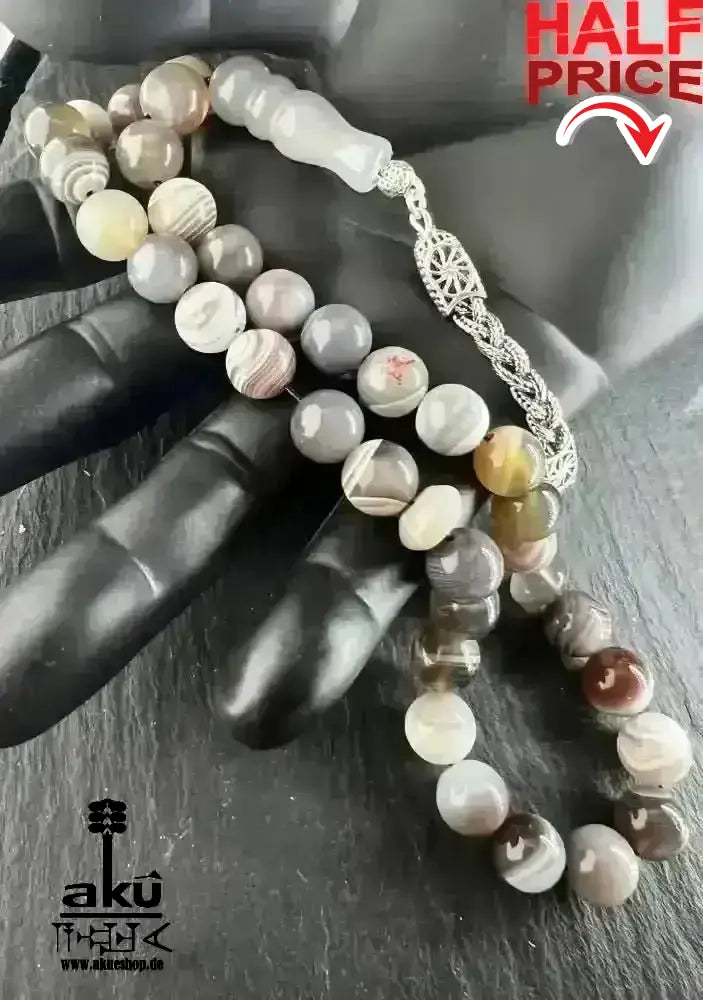 Botswana Achat Tesbih 33, 10mm, natürliches Edelstein, islamische Misbaha, 925 Sterling Silbere Quaste - AkueShop