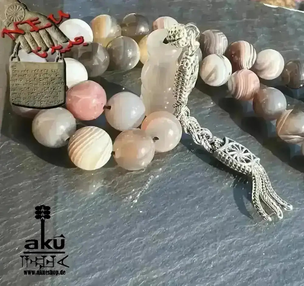 Botswana Achat Tesbih 33, 10mm, natürliches Edelstein, islamische Misbaha, 925 Sterling Silbere Quaste - AkueShop