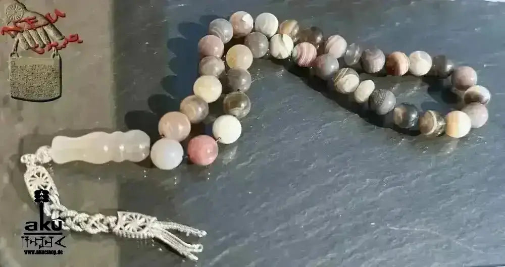 Botswana Achat Tesbih 33, 10mm, natürliches Edelstein, islamische Misbaha, 925 Sterling Silbere Quaste - AkueShop