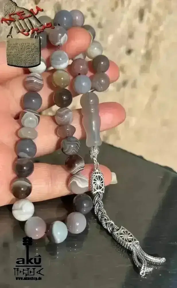 Botswana Achat Tesbih 33, 10mm, natürliches Edelstein, islamische Misbaha, 925 Sterling Silbere Quaste - AkueShop