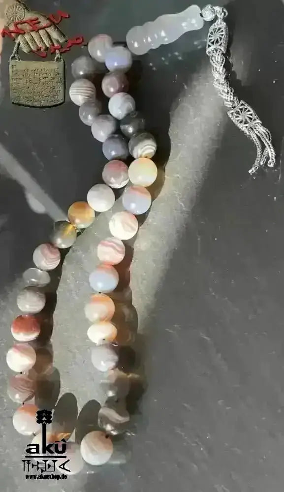 Botswana Achat Tesbih 33, 10mm, natürliches Edelstein, islamische Misbaha, 925 Sterling Silbere Quaste - AkueShop
