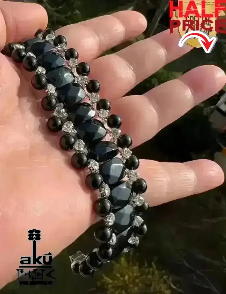Breites, glänzendes schwarzes Armband aus natürlichem Onyxstein, Bling Bling, Edelstahlverschluss - AkueShop