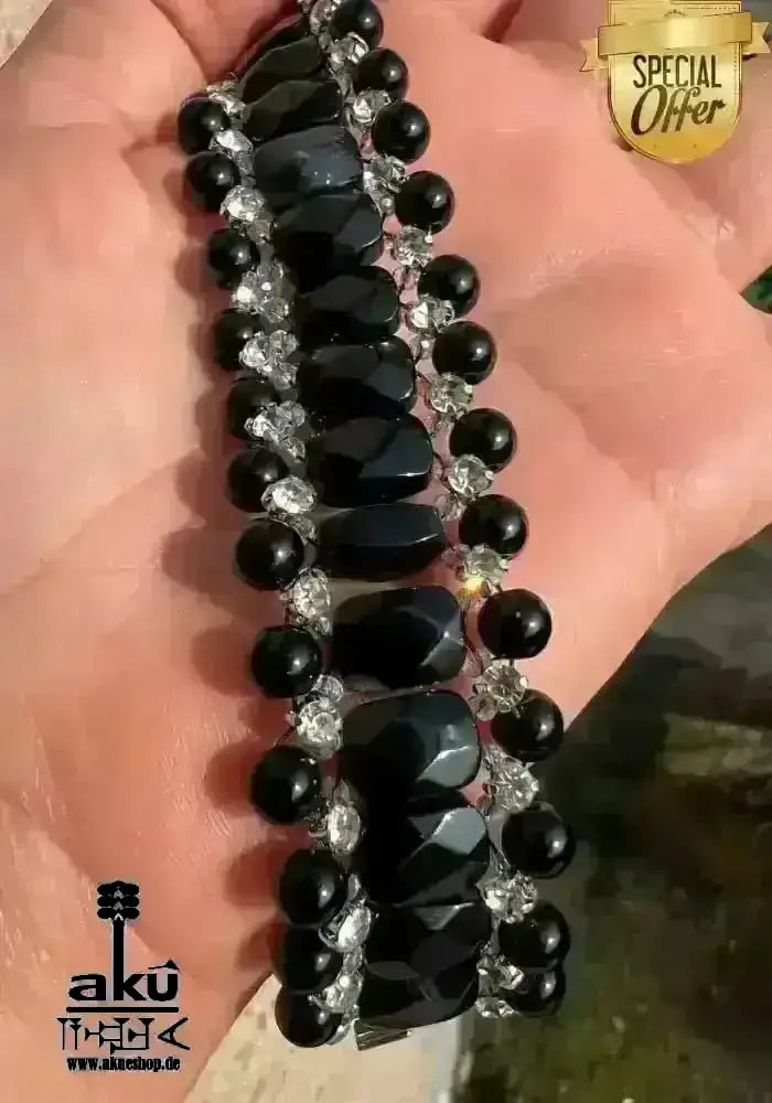 Breites, glänzendes schwarzes Armband aus natürlichem Onyxstein, Bling Bling, Edelstahlverschluss - AkueShop