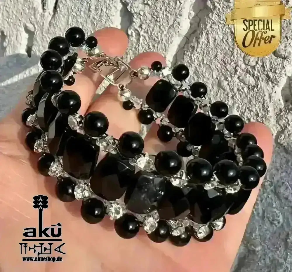 Breites, glänzendes schwarzes Armband aus natürlichem Onyxstein, Bling Bling, Edelstahlverschluss - AkueShop