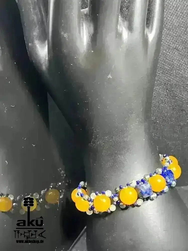 Gelber Achat Lapislazuli Apatit Armband, Edelstein versilbert, chakras meditationenergie - AkueShop