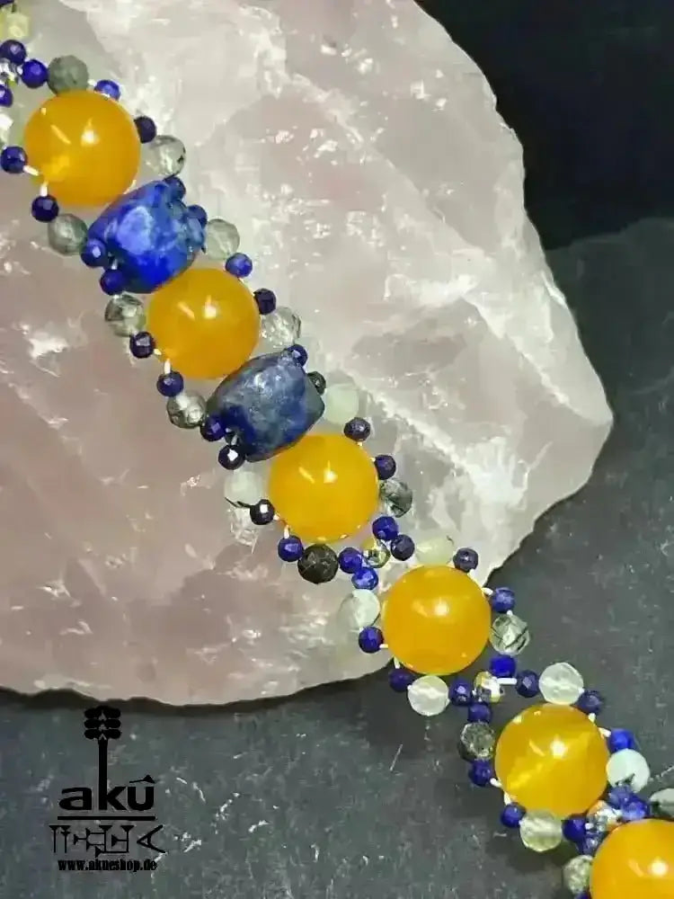 Gelber Achat Lapislazuli Apatit Armband, Edelstein versilbert, chakras meditationenergie - AkueShop