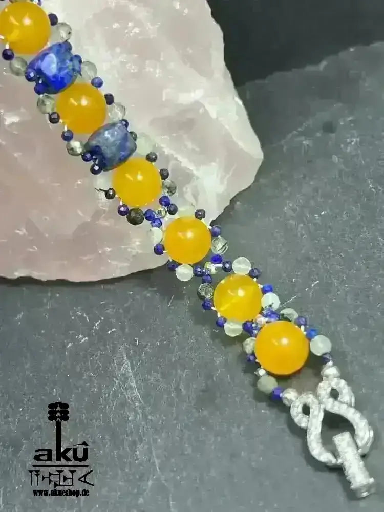 Gelber Achat Lapislazuli Apatit Armband, Edelstein versilbert, chakras meditationenergie - AkueShop