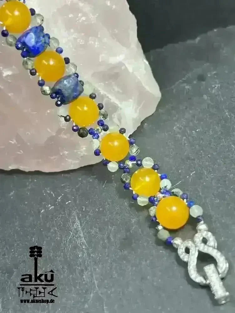 Gelber Achat Lapislazuli Apatit Armband, Edelstein versilbert, chakras meditationenergie - AkueShop